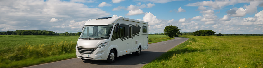 Camping-car intégral roulant sur une route européenne, illustrant la réglementation camping-car 2025 applicable aux véhicules de grande taille