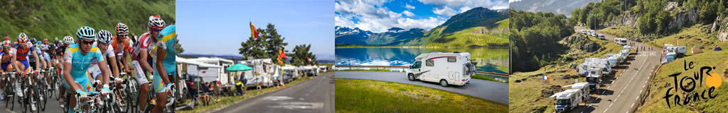 Ambiance du Tour de France 2025 : peloton en action sur les routes, étapes mythiques en montagne, spectateurs et camping-cars alignés