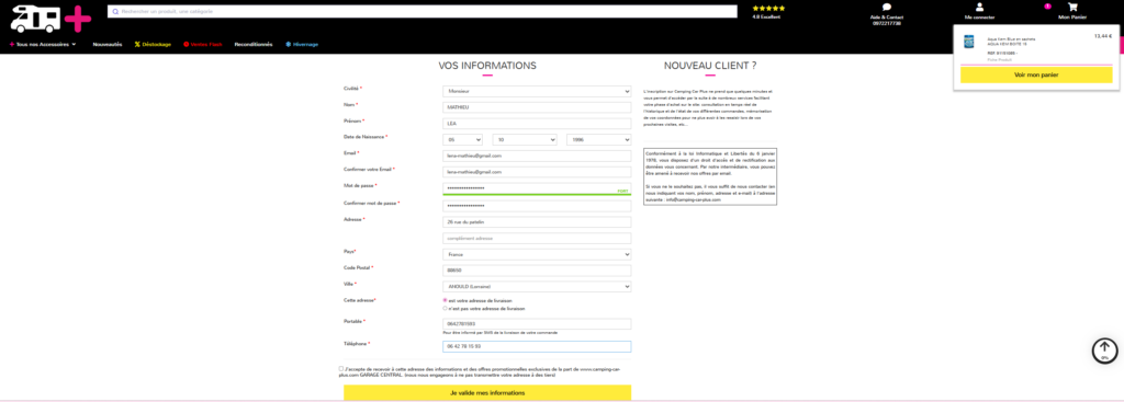 création de compte commande Camping-Car Plus