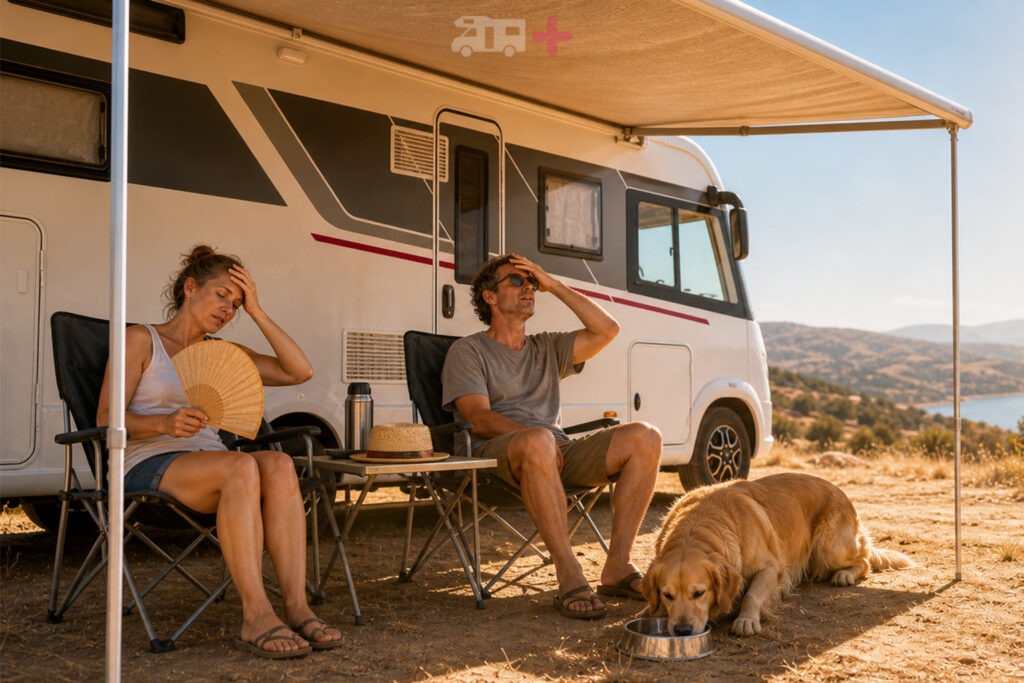 Couple et leur chien subissant une forte chaleur devant leur camping-car