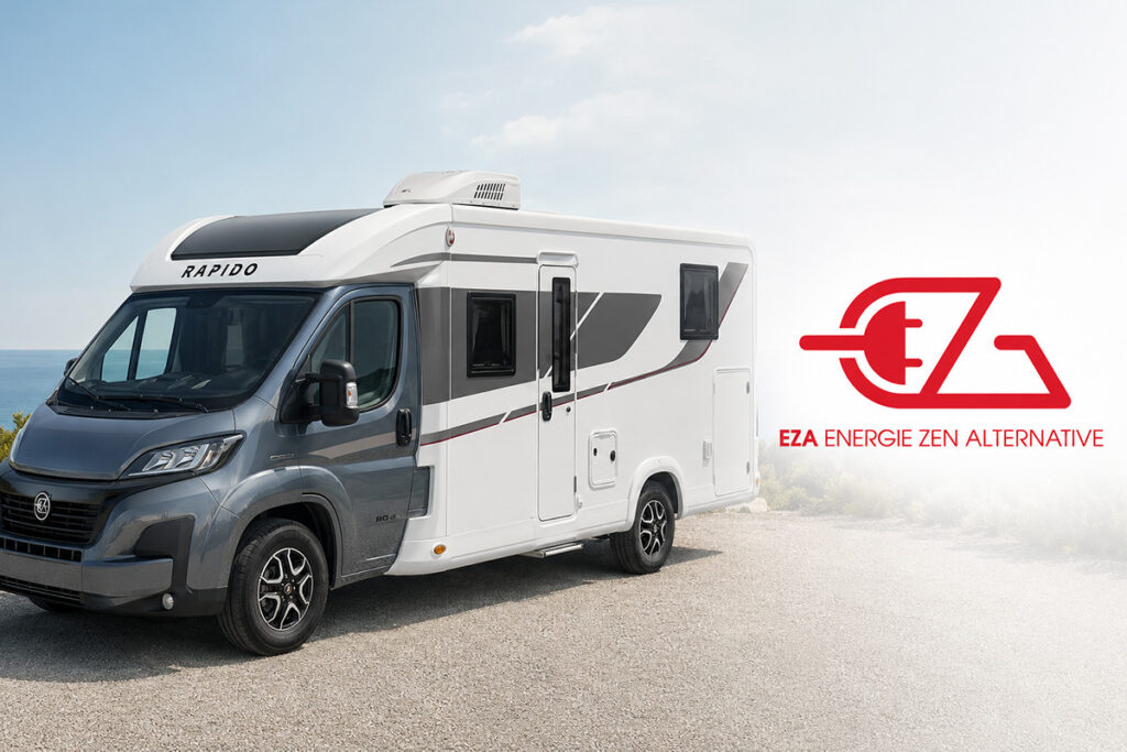 Climatiseur EZA installé sur le toit d’un camping-car Rapido récent avec logo EZA