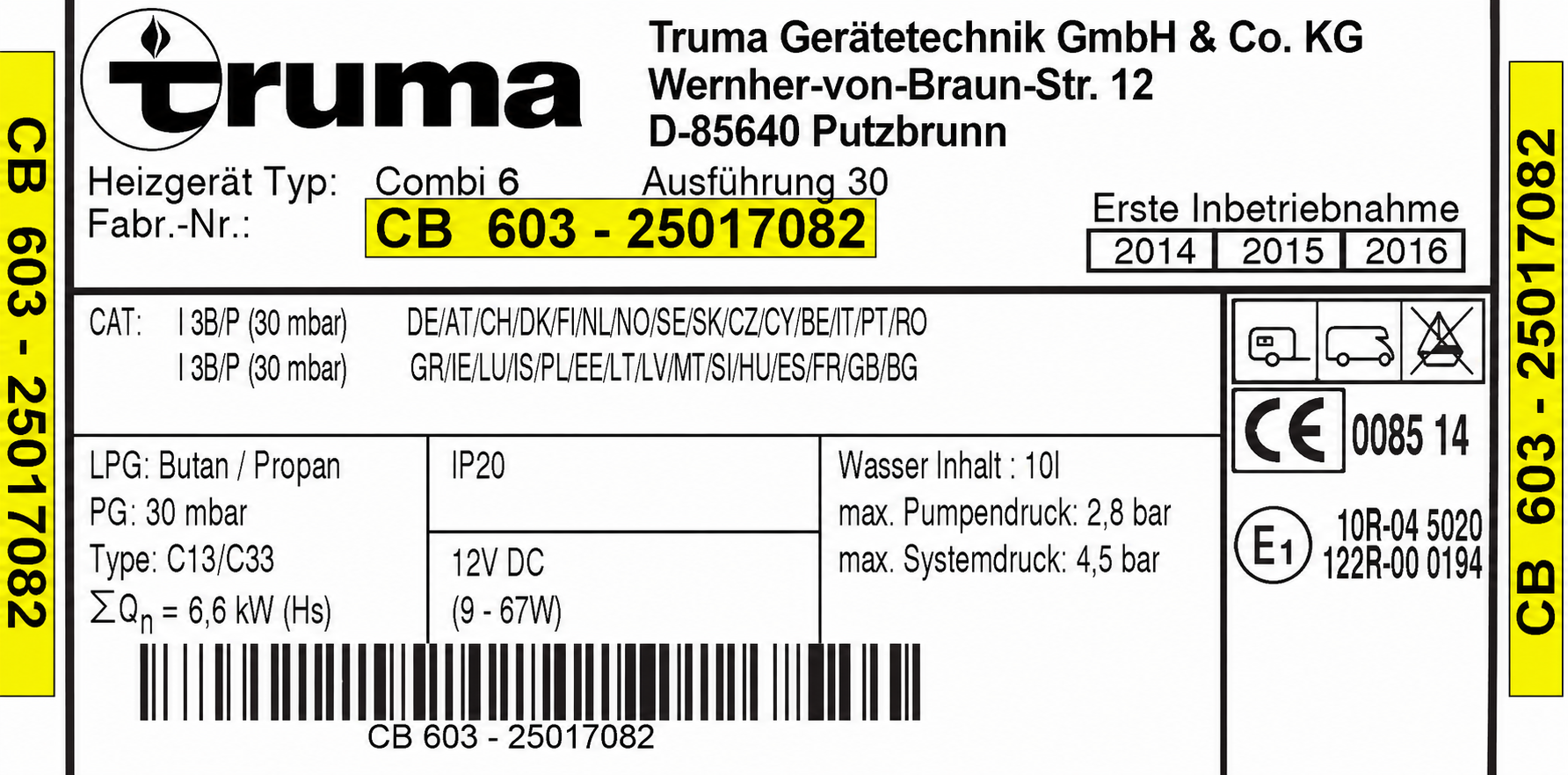 plaque signalétique TRUMA avec numéro de série en jaune