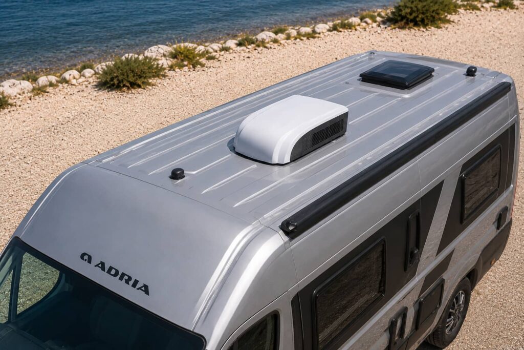 Climatiseur de toit Mestic installé sur un fourgon Adria compact de moins de 7 mètres, vue en hauteur mettant en avant son intégration discrète sur le toit.