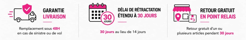 pack sérénité : garantie livraison, délai de retour de 30j, retour gratuit en point relais