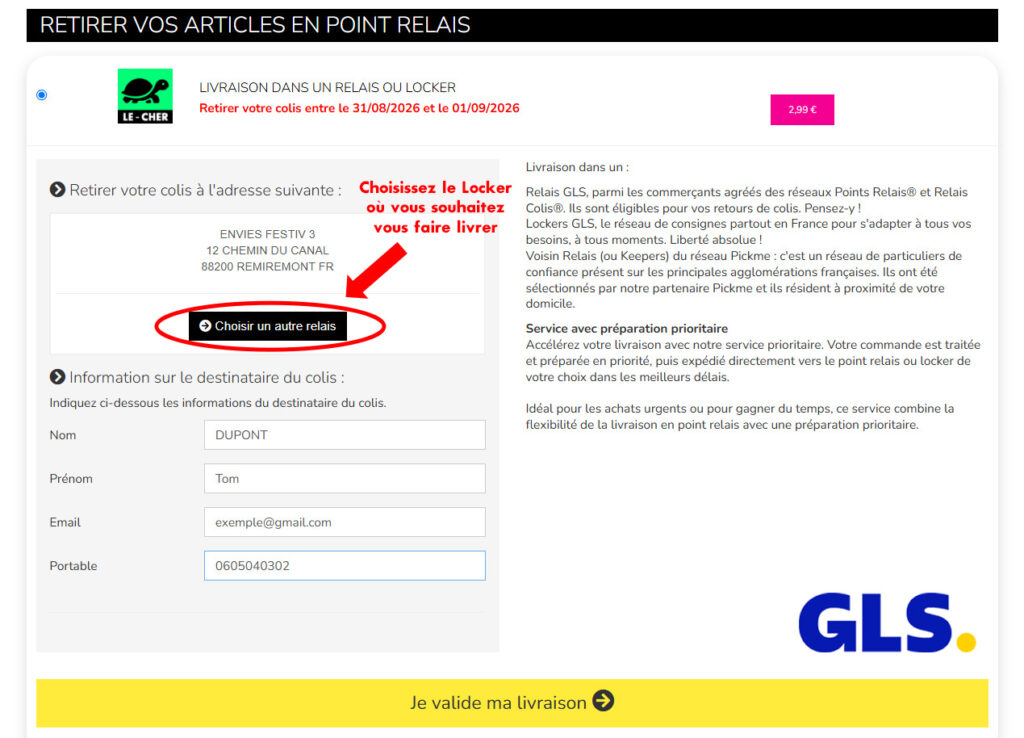 choix livraison camping-car plus locker GLS