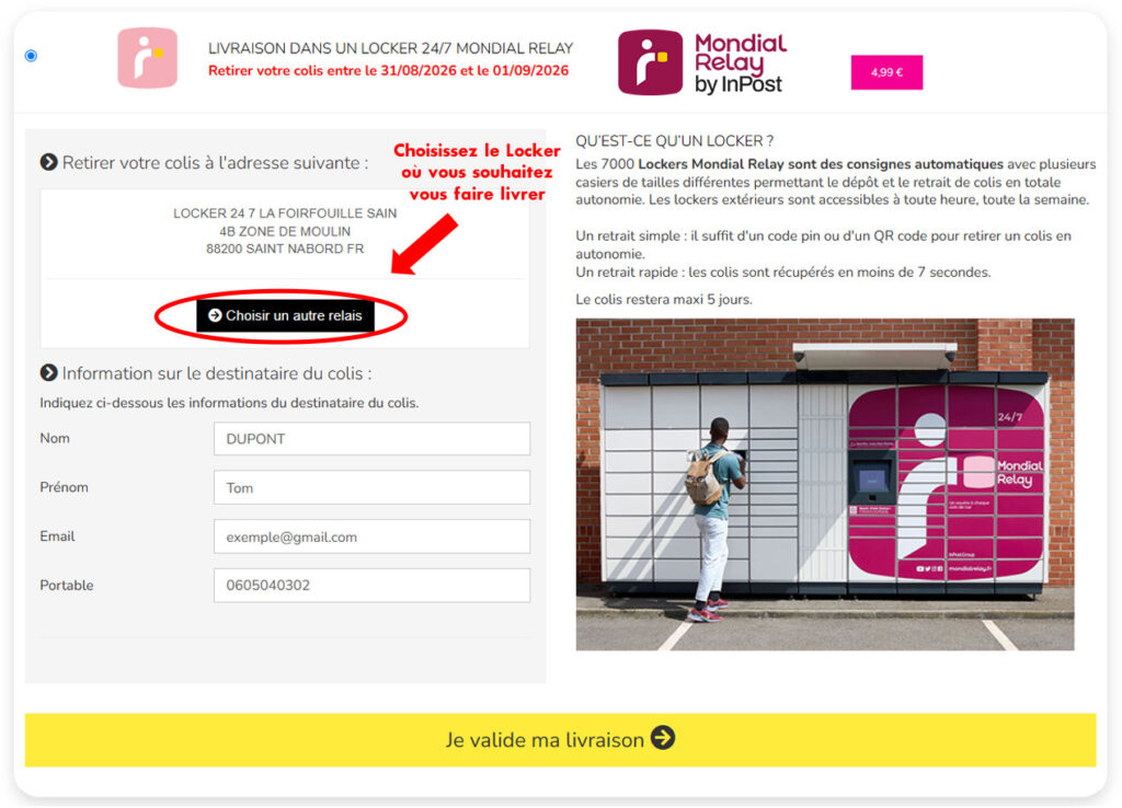 choix livraison camping-car plus locker Mondial Relay