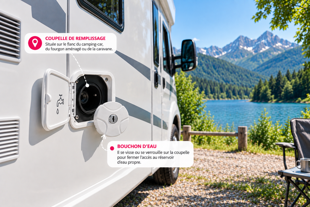Coupelle de remplissage et bouchon d'eau sur un camping-car
